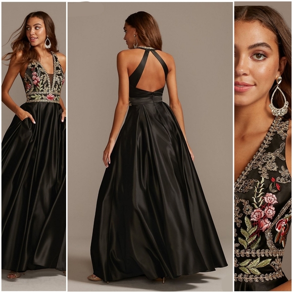 NEW-Gorgeous black satin gown, red gold embroidery - Picture 3 of 10